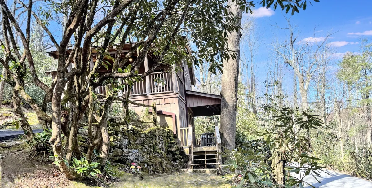The cabin structure is nestled among tall trees, with stone steps leading up to the entrance. The surrounding landscape is peaceful, highlighting the cabin’s scenic location and the natural environment that guests will traverse as they head toward Highlands.