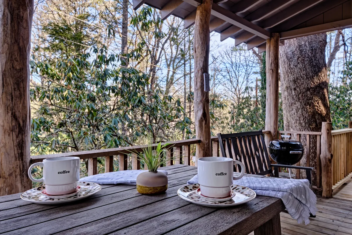 This exterior image captures two coffee mugs on a wooden table, a rustic swing, and a grill set against a natural green backdrop. The scene evokes relaxed mornings enjoying coffee, casual conversations, and outdoor dining, with the charcoal grill visible in the background as a highlight.